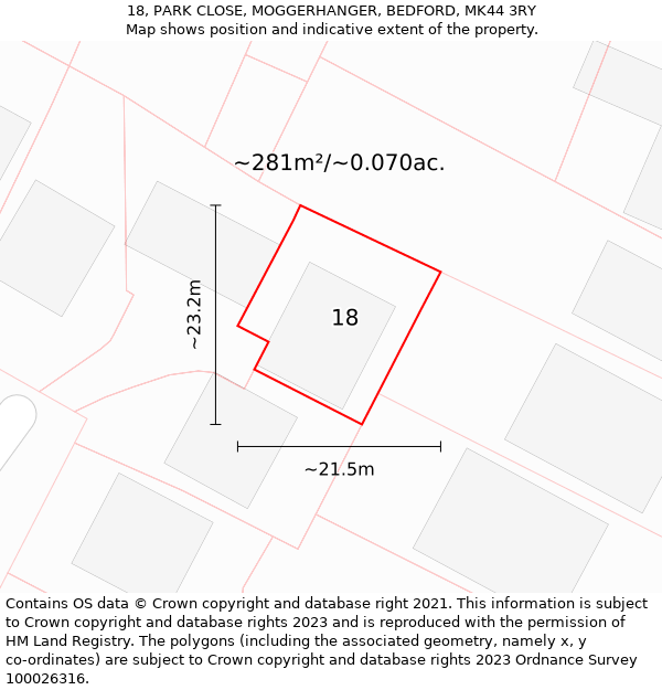 18, PARK CLOSE, MOGGERHANGER, BEDFORD, MK44 3RY: Plot and title map