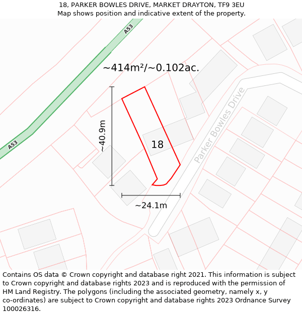 18, PARKER BOWLES DRIVE, MARKET DRAYTON, TF9 3EU: Plot and title map