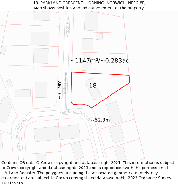 18, PARKLAND CRESCENT, HORNING, NORWICH, NR12 8PJ: Plot and title map