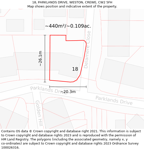 18, PARKLANDS DRIVE, WESTON, CREWE, CW2 5FH: Plot and title map