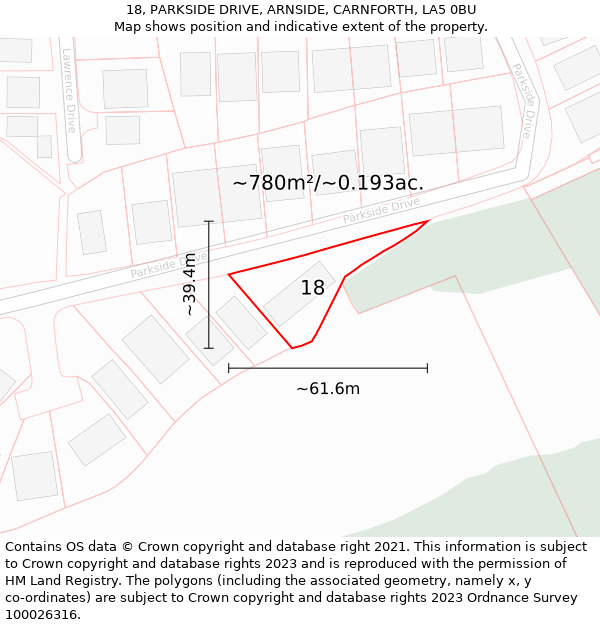 18, PARKSIDE DRIVE, ARNSIDE, CARNFORTH, LA5 0BU: Plot and title map