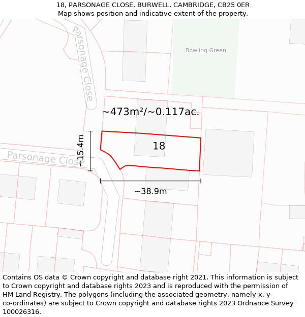 18, PARSONAGE CLOSE, BURWELL, CAMBRIDGE, CB25 0ER: Plot and title map