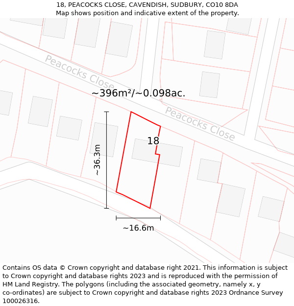 18, PEACOCKS CLOSE, CAVENDISH, SUDBURY, CO10 8DA: Plot and title map