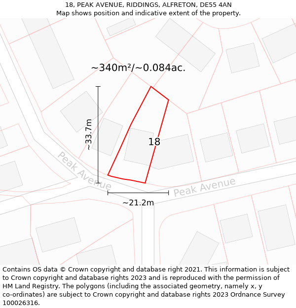 18, PEAK AVENUE, RIDDINGS, ALFRETON, DE55 4AN: Plot and title map