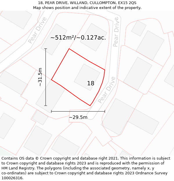 18, PEAR DRIVE, WILLAND, CULLOMPTON, EX15 2QS: Plot and title map