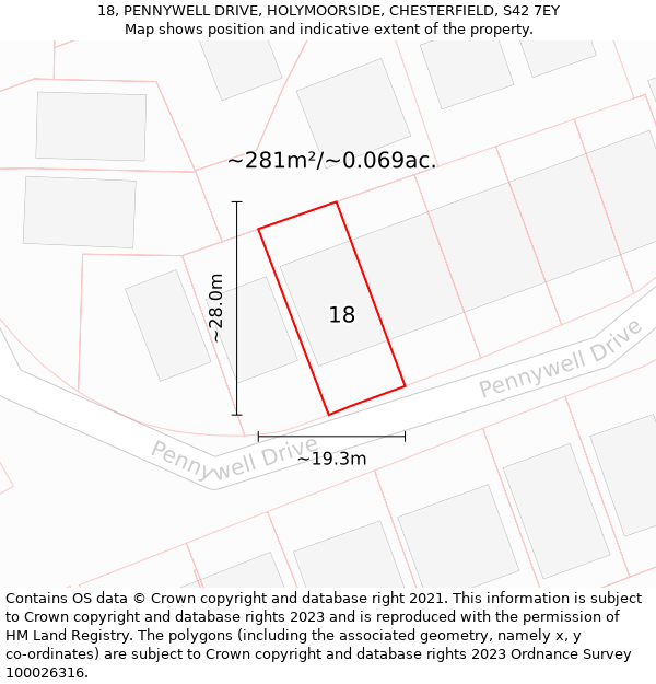 18, PENNYWELL DRIVE, HOLYMOORSIDE, CHESTERFIELD, S42 7EY: Plot and title map