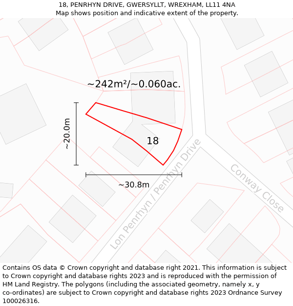 18, PENRHYN DRIVE, GWERSYLLT, WREXHAM, LL11 4NA: Plot and title map