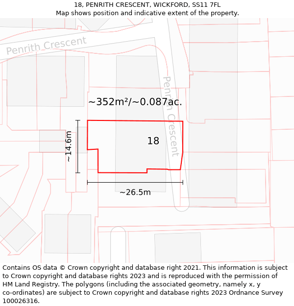 18, PENRITH CRESCENT, WICKFORD, SS11 7FL: Plot and title map