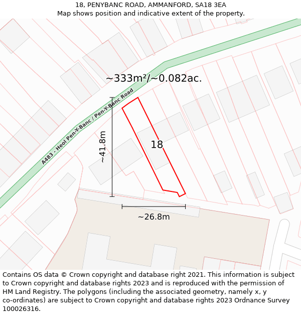 18, PENYBANC ROAD, AMMANFORD, SA18 3EA: Plot and title map