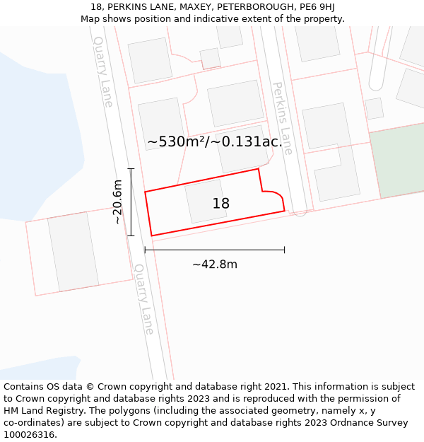 18, PERKINS LANE, MAXEY, PETERBOROUGH, PE6 9HJ: Plot and title map