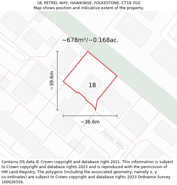 18, PETREL WAY, HAWKINGE, FOLKESTONE, CT18 7GZ: Plot and title map