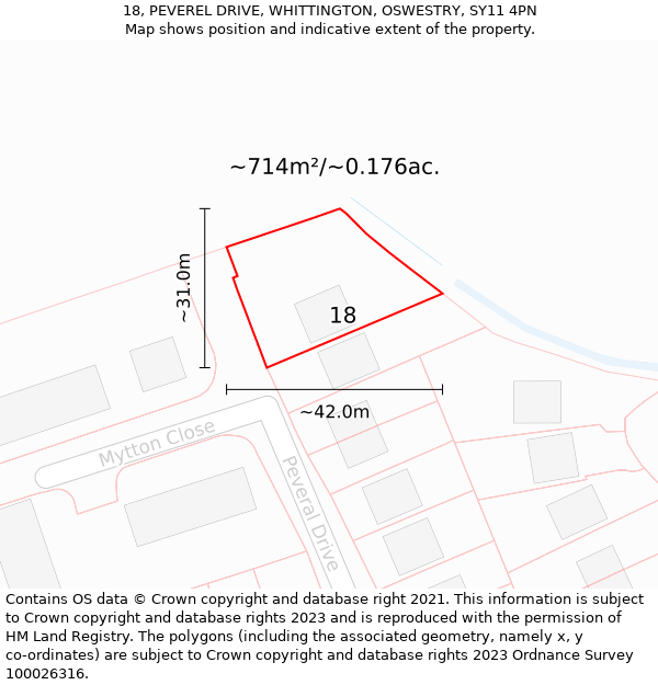 18, PEVEREL DRIVE, WHITTINGTON, OSWESTRY, SY11 4PN: Plot and title map
