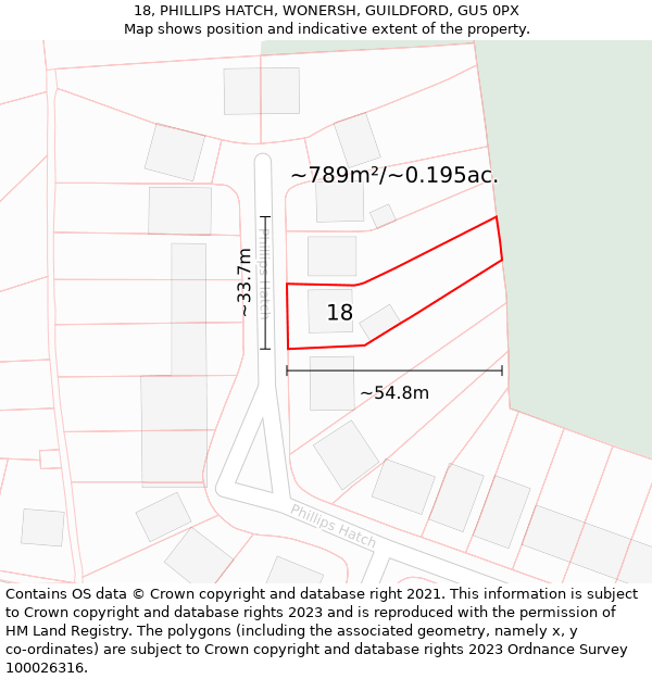 18, PHILLIPS HATCH, WONERSH, GUILDFORD, GU5 0PX: Plot and title map