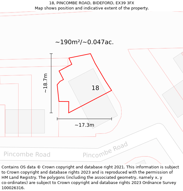 18, PINCOMBE ROAD, BIDEFORD, EX39 3FX: Plot and title map