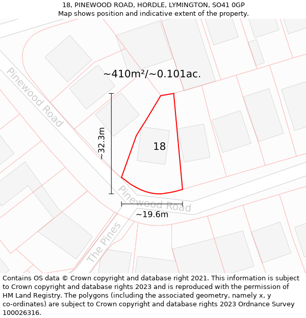 18, PINEWOOD ROAD, HORDLE, LYMINGTON, SO41 0GP: Plot and title map