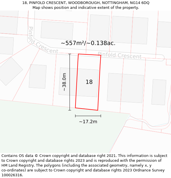 18, PINFOLD CRESCENT, WOODBOROUGH, NOTTINGHAM, NG14 6DQ: Plot and title map