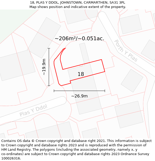 18, PLAS Y DDOL, JOHNSTOWN, CARMARTHEN, SA31 3PL: Plot and title map