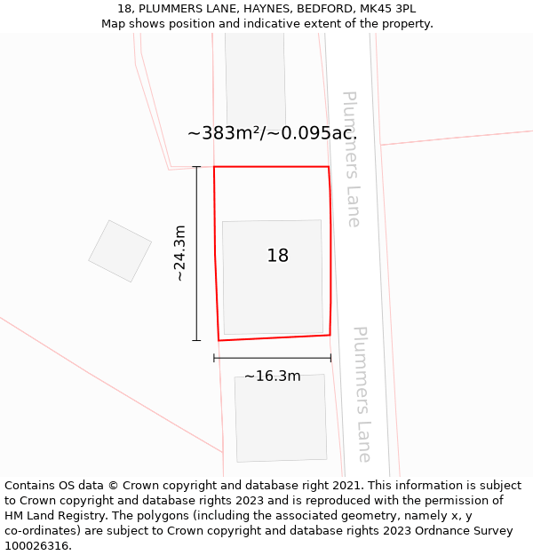 18, PLUMMERS LANE, HAYNES, BEDFORD, MK45 3PL: Plot and title map