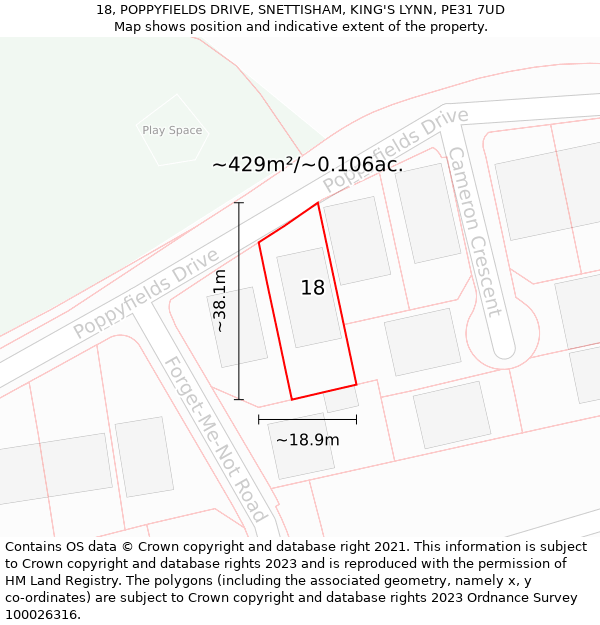 18, POPPYFIELDS DRIVE, SNETTISHAM, KING'S LYNN, PE31 7UD: Plot and title map