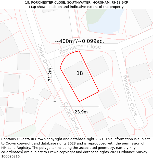 18, PORCHESTER CLOSE, SOUTHWATER, HORSHAM, RH13 9XR: Plot and title map