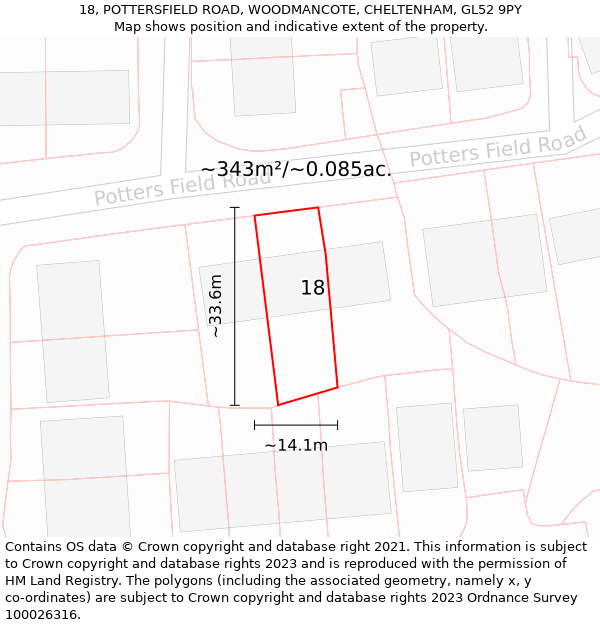 18, POTTERSFIELD ROAD, WOODMANCOTE, CHELTENHAM, GL52 9PY: Plot and title map