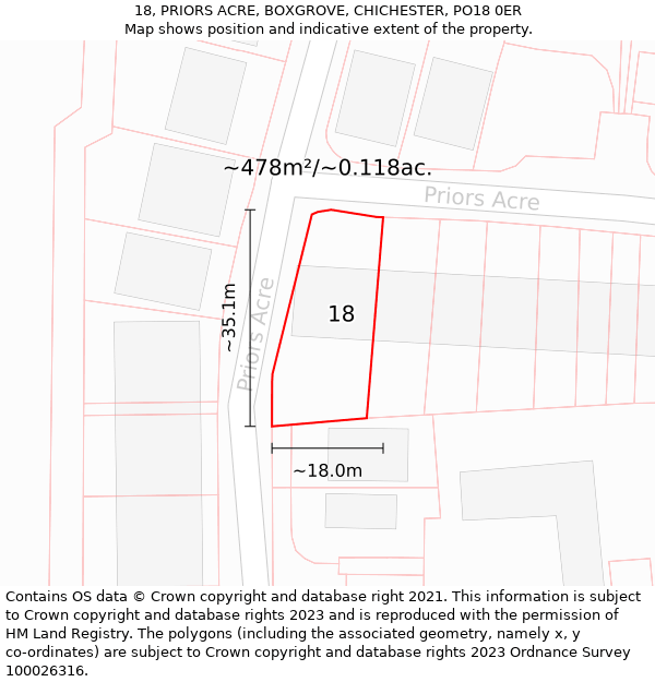 18, PRIORS ACRE, BOXGROVE, CHICHESTER, PO18 0ER: Plot and title map