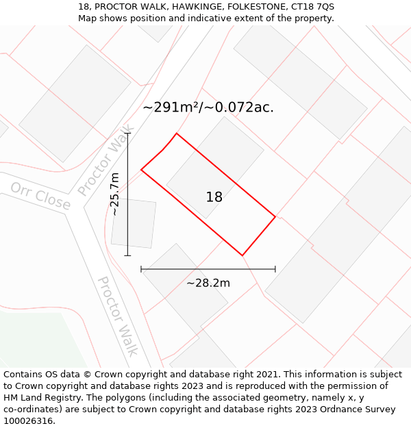 18, PROCTOR WALK, HAWKINGE, FOLKESTONE, CT18 7QS: Plot and title map