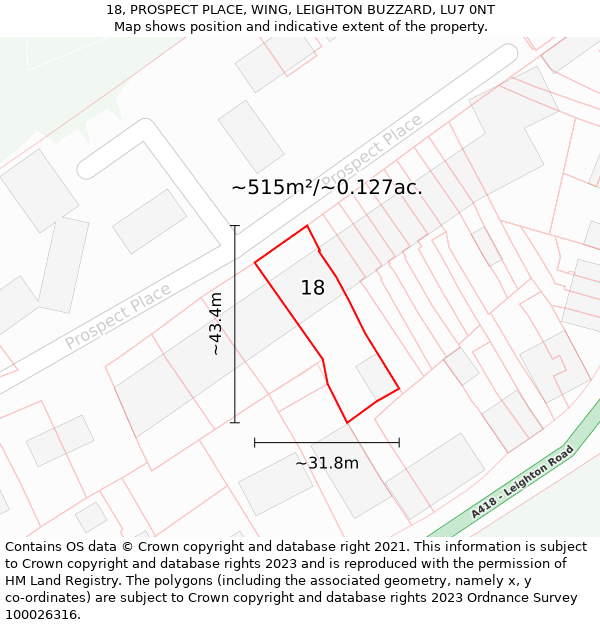 18, PROSPECT PLACE, WING, LEIGHTON BUZZARD, LU7 0NT: Plot and title map