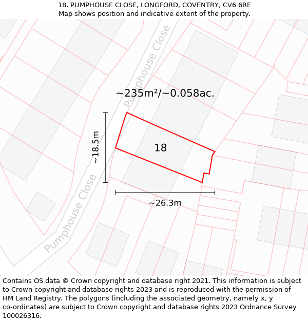 18, PUMPHOUSE CLOSE, LONGFORD, COVENTRY, CV6 6RE: Plot and title map