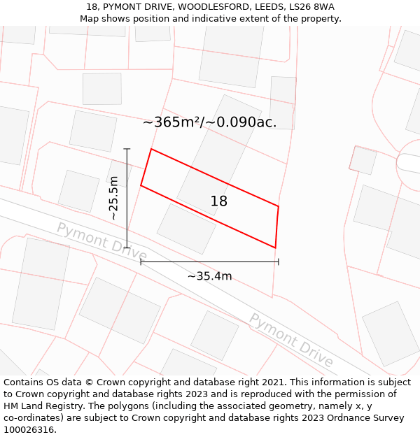 18, PYMONT DRIVE, WOODLESFORD, LEEDS, LS26 8WA: Plot and title map