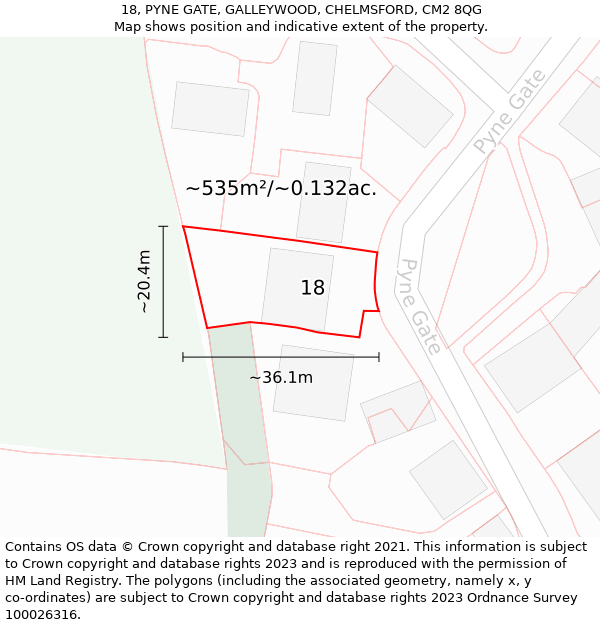 18, PYNE GATE, GALLEYWOOD, CHELMSFORD, CM2 8QG: Plot and title map