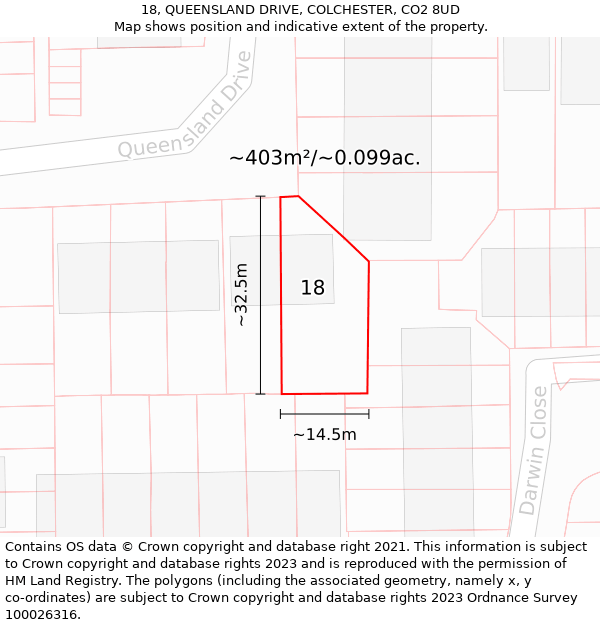 18, QUEENSLAND DRIVE, COLCHESTER, CO2 8UD: Plot and title map