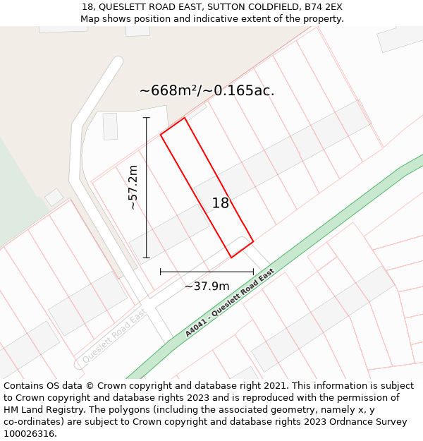 18, QUESLETT ROAD EAST, SUTTON COLDFIELD, B74 2EX: Plot and title map