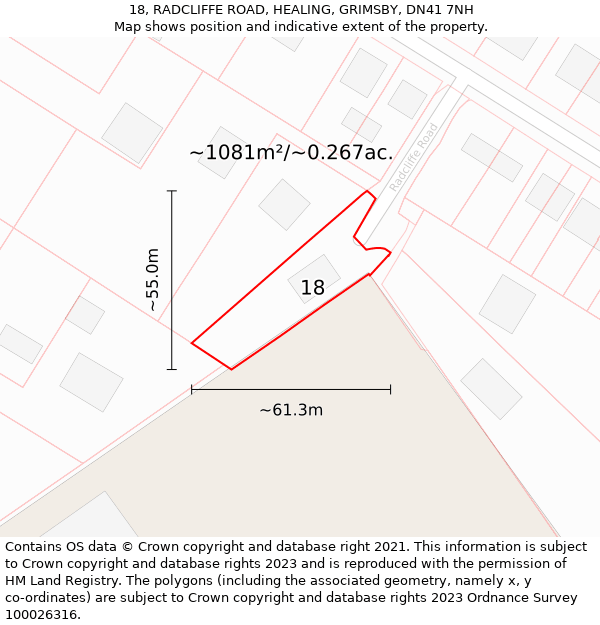 18, RADCLIFFE ROAD, HEALING, GRIMSBY, DN41 7NH: Plot and title map