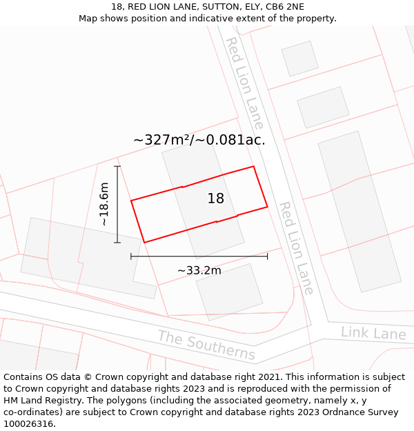 18, RED LION LANE, SUTTON, ELY, CB6 2NE: Plot and title map