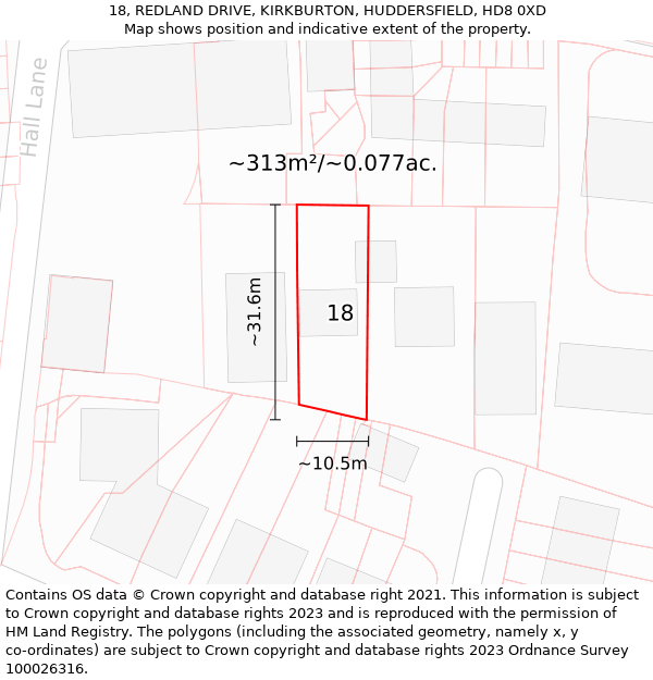 18, REDLAND DRIVE, KIRKBURTON, HUDDERSFIELD, HD8 0XD: Plot and title map