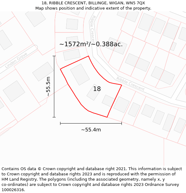 18, RIBBLE CRESCENT, BILLINGE, WIGAN, WN5 7QX: Plot and title map