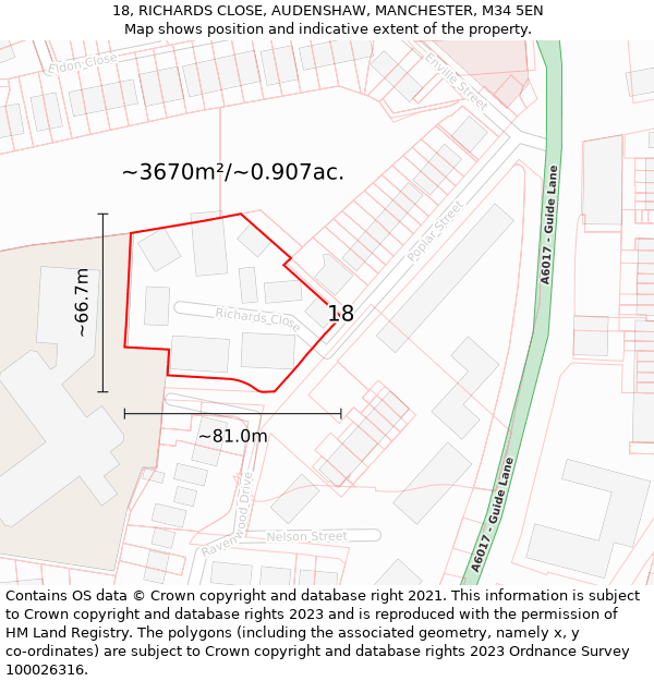 18, RICHARDS CLOSE, AUDENSHAW, MANCHESTER, M34 5EN: Plot and title map