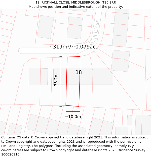 18, RICKNALL CLOSE, MIDDLESBROUGH, TS5 8RR: Plot and title map