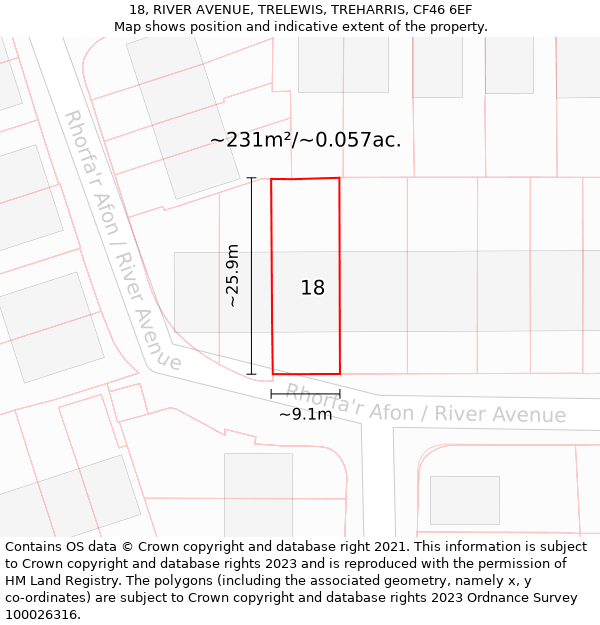 18, RIVER AVENUE, TRELEWIS, TREHARRIS, CF46 6EF: Plot and title map