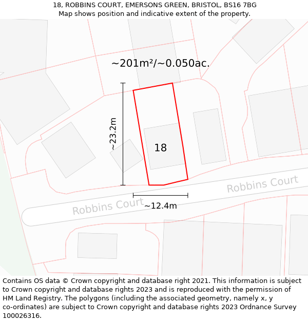 18, ROBBINS COURT, EMERSONS GREEN, BRISTOL, BS16 7BG: Plot and title map