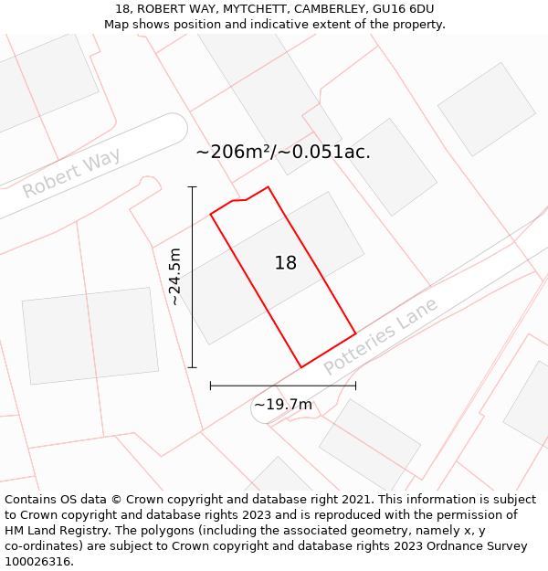 18, ROBERT WAY, MYTCHETT, CAMBERLEY, GU16 6DU: Plot and title map