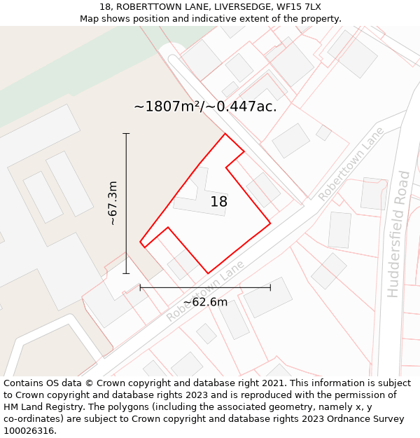 18, ROBERTTOWN LANE, LIVERSEDGE, WF15 7LX: Plot and title map