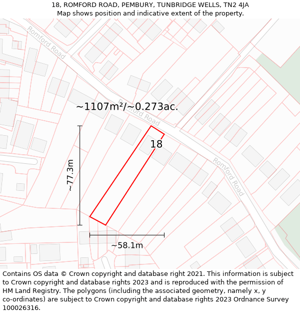 18, ROMFORD ROAD, PEMBURY, TUNBRIDGE WELLS, TN2 4JA: Plot and title map