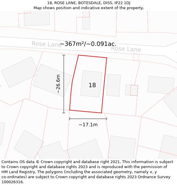 18, ROSE LANE, BOTESDALE, DISS, IP22 1DJ: Plot and title map