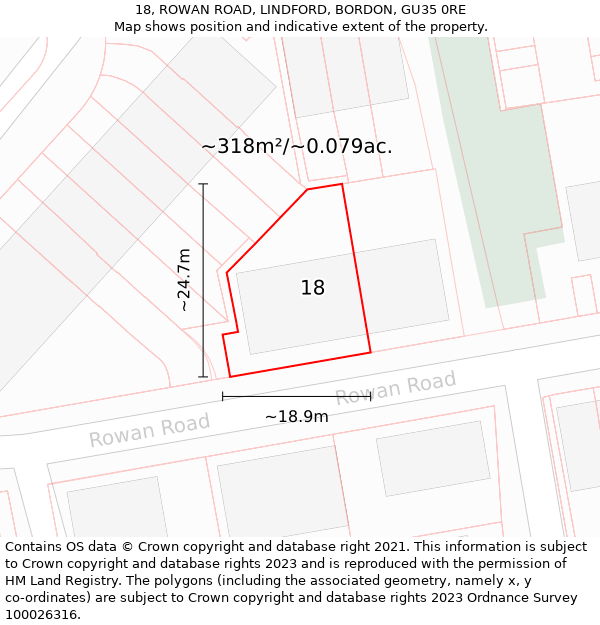 18, ROWAN ROAD, LINDFORD, BORDON, GU35 0RE: Plot and title map