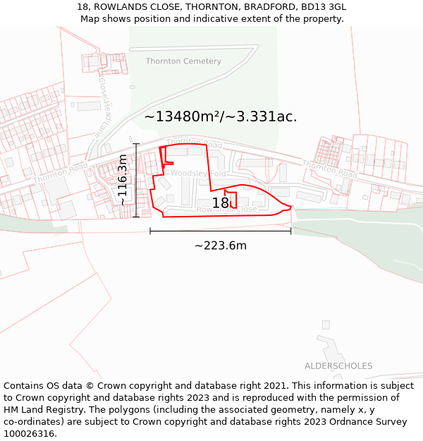 18, ROWLANDS CLOSE, THORNTON, BRADFORD, BD13 3GL: Plot and title map