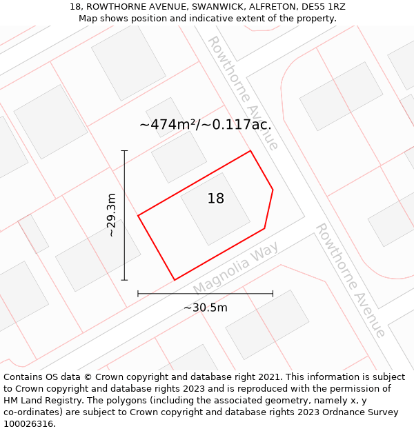 18, ROWTHORNE AVENUE, SWANWICK, ALFRETON, DE55 1RZ: Plot and title map