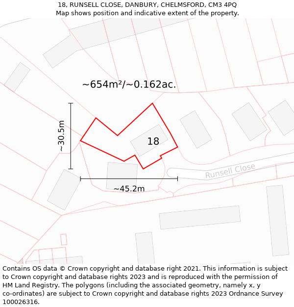 18, RUNSELL CLOSE, DANBURY, CHELMSFORD, CM3 4PQ: Plot and title map