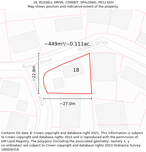 18, RUSSELL DRIVE, COWBIT, SPALDING, PE12 6XH: Plot and title map